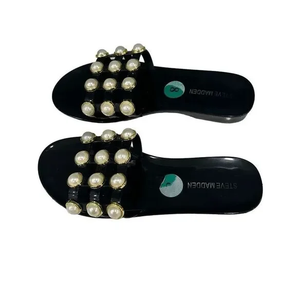 Steve Madden Size 8 Black Jelly Slide Sandals with White Pearl Accents - Picture 5 of 7